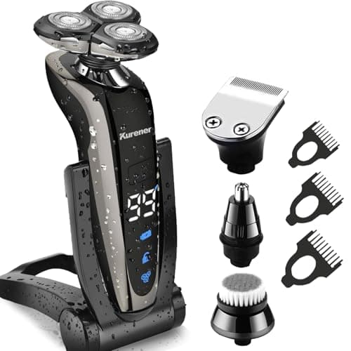 Kurener Electric Shaver Razor for Men Rechargeable 100% Waterproof Rotary for Shaving with Nose Trimmer Sideburns Trimmer Face Cleaning Brush