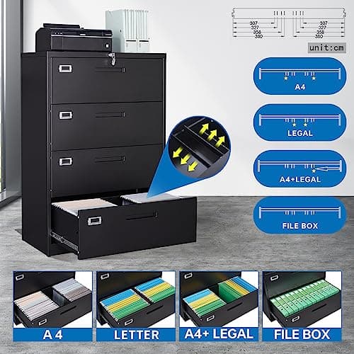 BYNSOE 4 Drawer Filing Cabinet with Lock Metal Lateral File Cabinet Office Home Steel Lateral File Cabinet for A4 Legal/Letter Size Wide Metal Cabinet Locked,Assembly Required (4 Drawer, Black) 5