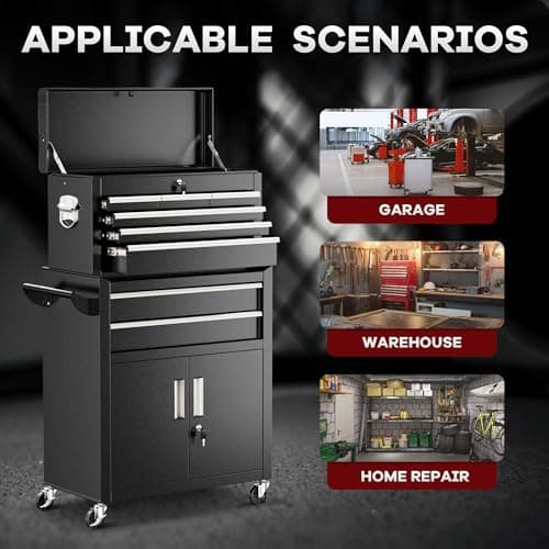 Bonusall 8 Drawer Rolling Tool Chest and Cabinet Combo,Heavy-Duty Metal Garage Tool Chest with Wheels and 2 Doors,2-in-1 Top Box and Roller Cabinet Combo for Garage, Workshop, Warehouse-Black 6