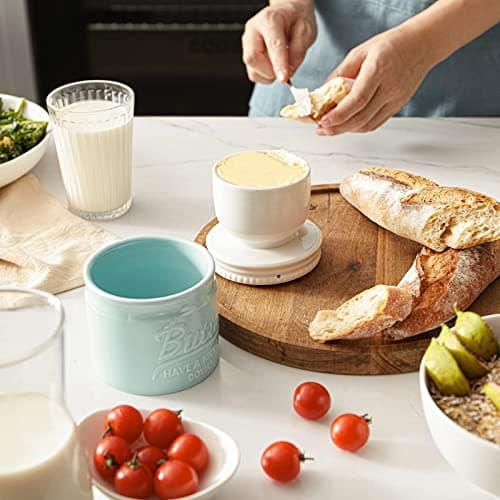 DOWAN Butter Crock, French Butter Dish for Spreadable Soft Butter, Ceramic Butter Keeper with Lid for countertop, Housewarming Gift for Wife Mom Friends, Blue 6