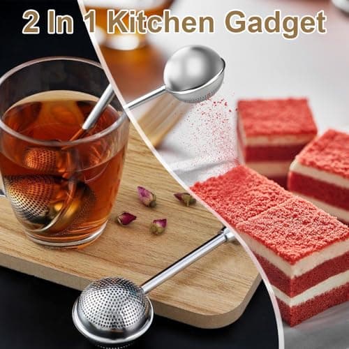 2Pcs Stainless Steel Tea Strainer Tea Infuser for Loose Leaf Tea,Tea Diffusers Fine Mesh Tea Ball Tea Accessories, Baking Supplies Baker's Dusting Wand Sugar Shaker Duster Flour Duster (Full+Half) 5