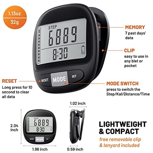 3D Pedometer for Walking with Clip and Strap, Walking Distance Miles, Calorie Counter, 7 Days Memory, Daily Target Monitor, Activity Time. Accurate Step Counter for Men Women & Kids Seniors 7