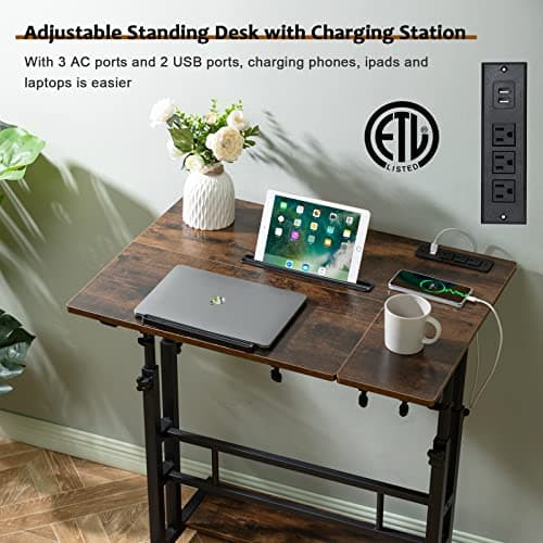 Hadulcet Mobile Standing Desk Adjustable Height, Rolling Desk Stand Up Desk, Mobile Laptop Desk, Rolling Computer Desk with Charging Station, Portable Desk with Wheels, Rustic Brown 5
