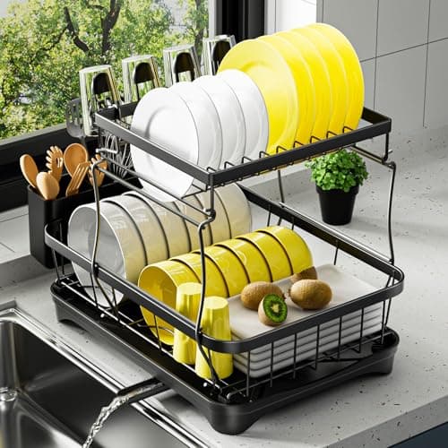 arshray Dish Drying Rack 2-Tier Dish Racks for Kitchen Counter, Adjustable Spout Auto-Draining Dish Rack, Large Capacity for Plates, Bowls, Cups, Tableware，Dish Drainer with Drainboard,Black