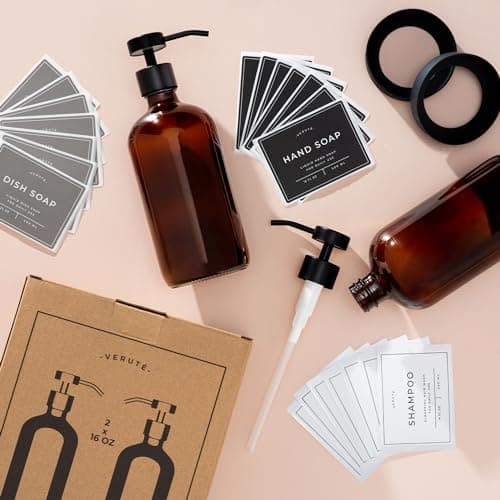 Hand and Dish Soap Dispenser for Kitchen and Bathroom, Set of 2 16 Oz Glass Bottles, Stainless Steel Pumps, Non-Slip Silicone Base, 27 Waterproof Labels (Amber Bottle/Black Pump) 8