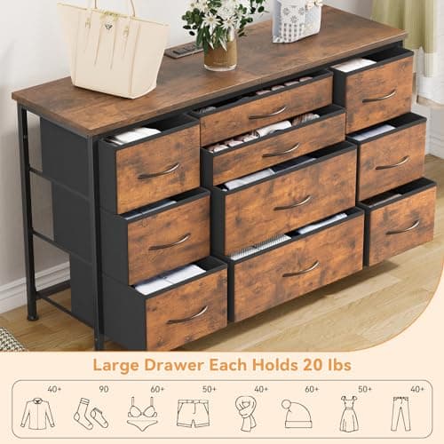Jojoka Wide Dresser with 10 Large Drawers for 55'' Long TV Stand with Power Outlet Entertainment Center, Storage Fabric Drawer Unit for Bedroom, Closet, Entryway, Sturdy Metal Frame, Rustic Brown 7