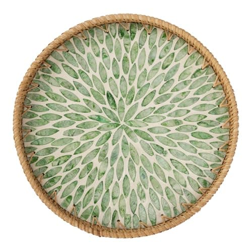 StorageWorks Decorative Coffee Table Trays for Home Decor, Round Rattan Tray with Mother of Pearl Inlay, Small Wicker Woven Serving Tray Decor for Kitchen Counter, Living Room and Ottoman, Green
