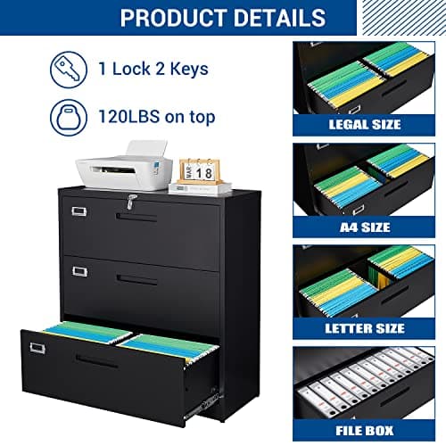 Fesbos Lateral File Cabinet with Lock, 3 Drawer Large Metal Filing Cabinet,Home Office Lockable Storage Cabinet for Hanging Files Letter/Legal/F4/A4 Size-Assembly Required 5