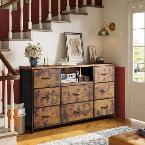 Dresser for Bedroom with Charging Station, 8 Drawers Dressers & Chests of Drawers for 50 55 inch TV, Dresser TV Stand for Bedroom, Fabric Dresser with Open Shelves for Living Room Hallway, Brown 8