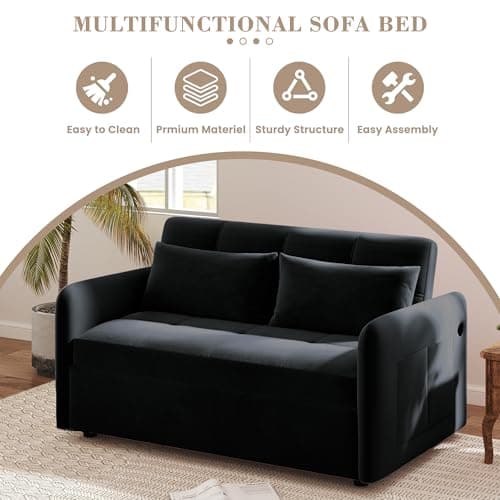 SumKea Convertible Sleeper Sofa Bed, 55.9'' Velvet Pull Out Couch Bed, Modern 3 in 1 Loveseat Sofa with Multi-Functional, Reclining Adjustable Backrest and Pillows, Black 6