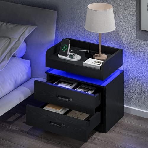4ever2buy Black Night Stand with Charging Station and LED Lights Modern Bedside Table with Storage Drawers End Table for and Bedroom