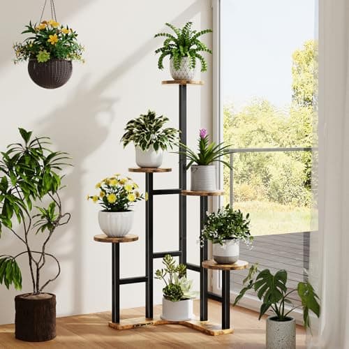 Yzosvki Corner Plant Stand Indoor, 6 Tiered Corner Plant Shelf Flower Stand for Multiple Plants, Plant Shelves Organizer Rack for Living Room, Balcony, Patio, Garden, Round Rustic Brown 8