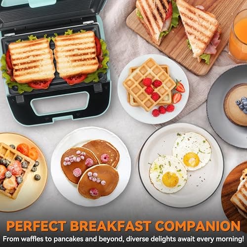Baker’s Friend 3 in 1 Mini Waffle Maker with Removable Plates, Mini Pancake Maker, Grilled Cheese Maker, Breakfast Sandwich Maker Press, Indoor Grill, Belgian Waffle Maker, Aqua 3