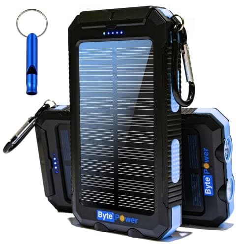 BytePower SolarCharger Power Bank 8000mAh, Portable Solar Pone Charger with Compass,Carabiner, Whistle,Flashlights,Solar Panel Charger,Camping Gear Accessory (Blue)