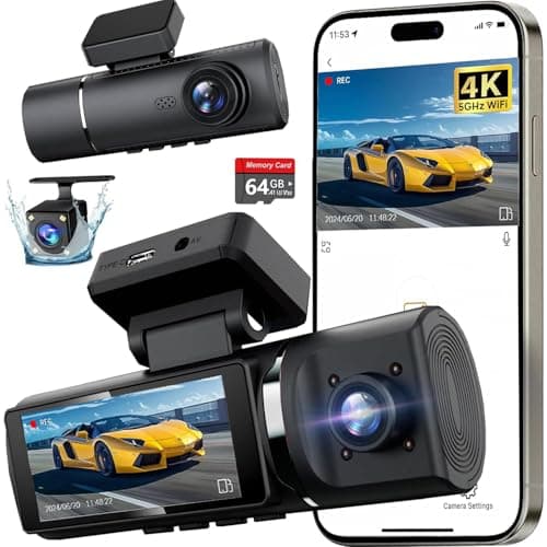 3 Channel 4K Dash Cam Front and Rear Inside, Built-in 5G WiFi, 4K+1080P+1080P Dash Camera for Cars with 64GB Card, Dashcam with Loop Recording,24H Parking Monitor,Night Vision,Support 512GB Max Silver