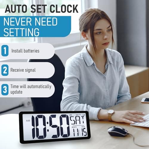 TXL Atomic Clock with Backlight, 14.2" Large Digital Wall Clock Battery Operated, Digital Clock Large Display with Day, Date & Temperature, Large Wall Clock for Bedroom, Livingroom, Office 7