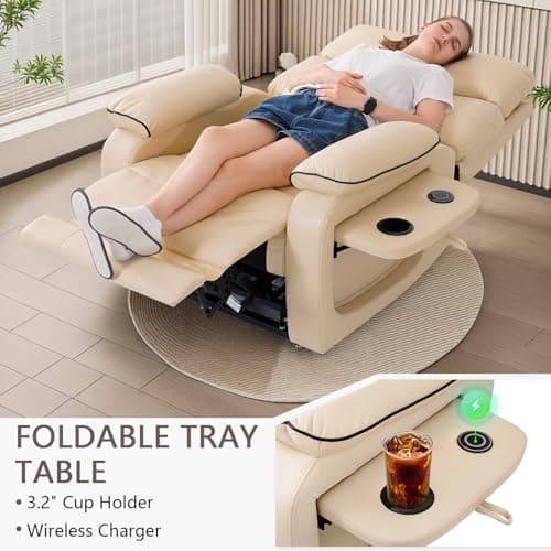 Dual Motor Power Lift Recliner Chair for Adult & Elderly, Infinite Position Lay Flat Lift Chair with Heat & Massage, Cup Holder, Lumbar Pillow, Wireless Charger, USB Ports, Leather (Beige) 6