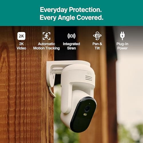 Arlo Essential Pan Tilt Security Camera 2K + 6 Months of Secure Plus Plan - Wired Plug-in Power Outdoor Camera, Person Recognition, Package Detection, Animated Preview, Auto Motion Tracking, 1 Cam 5