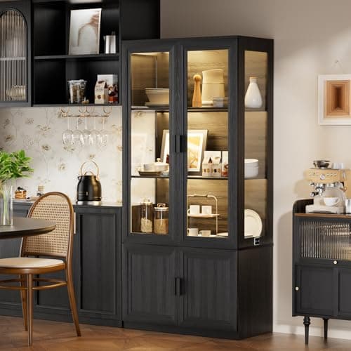 BROTTAR Display Cabinet with Acrylic Doors, 67" Tall Curio Cabinet with Storage and Shelves, Bookcase with 3 LED Lights, Trophy Case with Human Body Sensor for Books, Toys, Collections, Black 7