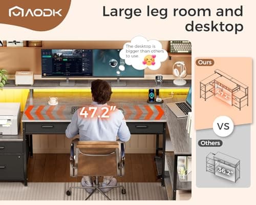 AODK L Shaped Desk with 5 File Drawers, 75" Reversible L Shaped Computer Desk with Power Outlet & LED Strip, Office Desk with Storage Shelves, Gaming Table with Monitor Shelf, Corner Table, Grey Oak 8