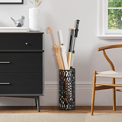 LAND·VOI Umbrella Holder, Umbrella Stand for Entryway, Metal Umbrella Organizer with a Detachable Drip Tray, Round Umbrella Rack Freestanding, 6.7 x 6.7 x 16 Inches, Black DUH11B 9
