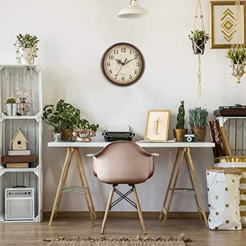 Bernhard Products Vintage Brown Wall Clock Silent Non Ticking 12 Inch Quality Quartz Battery Operated Round Decorative Easy to Read for Home Kitchen Living/Dining Room Bedroom Office Classroom School 6