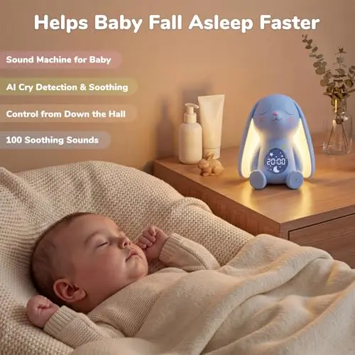 Mom's Choice Awards丨Bunny White Noise Sound Machine Baby for Sleep- AI Cry Detection, 100 Soothing Sounds, 5-Year APP Access Included, Easter Gifts for Baby, Night Light & Sleep Trainer, New Mom Gift 3