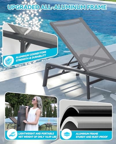 U ULAND Chaise Lounge Outdoor, Aluminum Outdoor Chaise Lounge Set of 2 Assemble-Free, Patio Lounger Poolside Lay Flat Sunbathing Adjustable Backrest Pool Lounge Chair 5