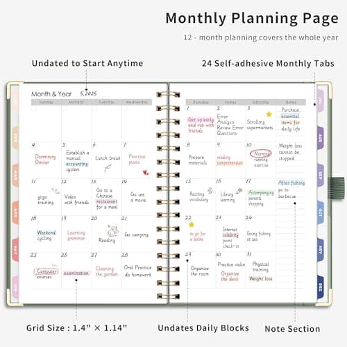 RETTACY Undated Planner, Weekly and Monthly, 53 Weeks and 12 Months, Medium Size (5.7" x 8.3"), 24 Self-adhesive Monthly Tabs, Hardcover, 100 GSM Thick Paper, Spiral-bound (Light Green) 3