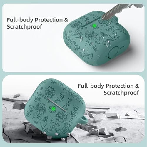 for Airpods 4 Case, DaQin Flower Engraved Case Compatible with Apple Airpods 4th Generation Cases for Women, Cute Soft Silicone Full Protective Cases Cover with Cleaner Kit & Keychain, PineGreen 8