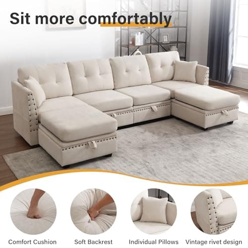 MAHOMICO 110" Modular Sectional Sofa 6 Seat Modular Couch with Storage, Memory Foam, Convertible Sectional Couches for Living Room, U Shaped Comfy Modular Sofa with Vintage, Beige 8
