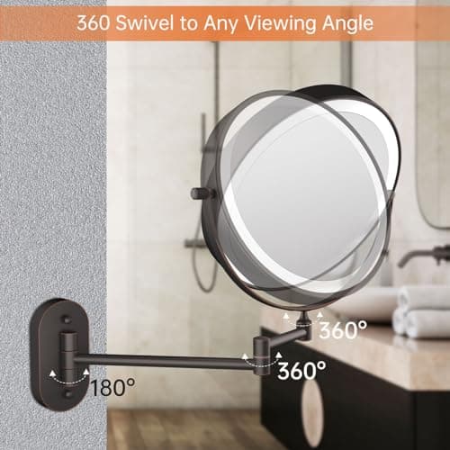 5000mAh Rechargeable Wall Mounted Lighted Makeup Vanity Mirror Double Sided 1X 30X Magnifying Bathroom Mirror, 3 Color Lighting, Touch Dimming, Extended Arm 360 Rotation Light up Mirror Antique Bronze 6