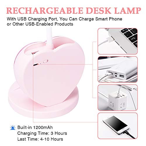 LED Desk Lamp, Cute Pink Desk Lamp with USB Charging Port/Pen Holder and Phone Stand, Touch Control Reading Lamp with 2 Color Modes,Eye-Caring Study Table Lamp for Kids Girls College Dorm Bedroom 5