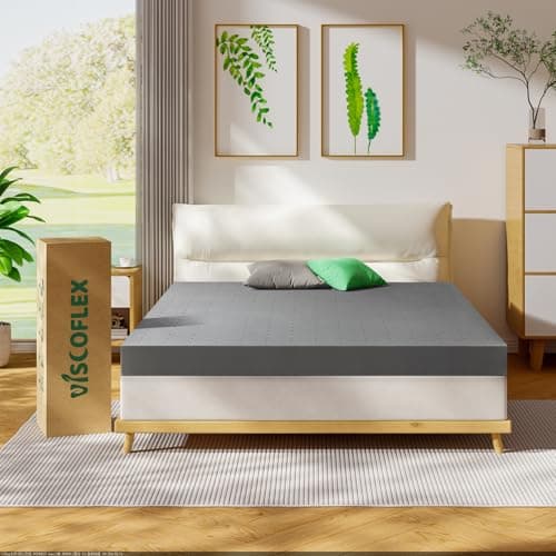 VISCOFLEX Queen Mattress Topper-Extra Firm 4 Inch High Density Foam Bed Topper with Ventilated Design for Extra Weight, Back Pain Relief-Charcoal Infusion,CertiPUR-US 8