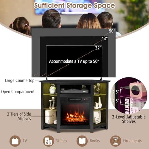 GOFLAME Corner Fireplace TV Stand with LED Lights for TVs up to 50”, Modern Entertainment Center with Electric Fireplace, Remote & Smart APP Control, TV Console with Adjustable Glass Shelves, Black 5