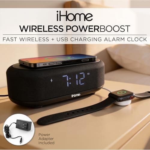 iHome Bluetooth Alarm Clock with Wireless Charger and USB Charging Station, Digital Alarm Clock for Bedrooms, Office, or Dorm (iBTW112) 2