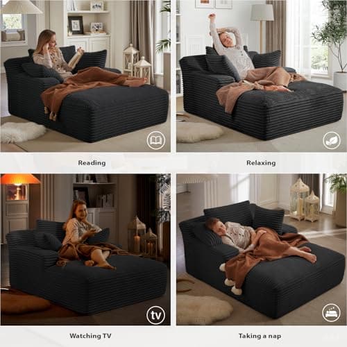 50 Inches Chaise Lounge Indoor, Oversized Chaise Lounge Chair with 3 Throw Pillows and Armrests, Corduroy Upholstered Plush Sofa Bed Lazy Chair Bed Sleeper Chair for Living Room Apartment (Black) 6
