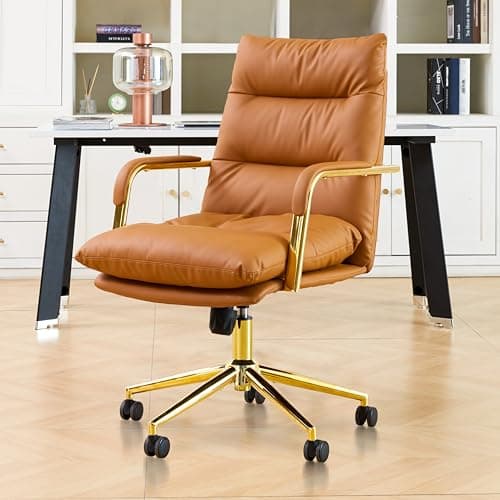 Leather Gold Home Office Desk Chair, Executive Comfy Desk Chair with Support Armrests, Swivel Wheels, Height Adjustable, Mid Back, 360 Swivel, Computer Chair for Office Room, Brown