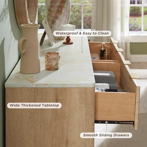 T4TREAM Fluted 6 Drawers Dresser, 54" Wide Modern Chest of Drawers with Faux Marble Top, Curved Profile Design, Dresser TV Stand, Wood Drawer Organizer for Bedroom, Living Room, Hallway, Natural Oak 5