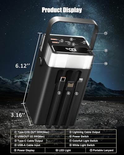 Feidyns 90000mAh Portable Charger Power Bank with 35W PD Fast Charging, 6 Ports & Built-in Cables, RGB Mood Light(12 Modes) &LED Camping Flashlight for Indoor/Outdoor Camping Home Travel Emergency 8