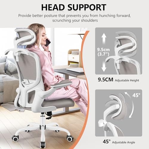 FelixKing Office Chair with Headrest, Ergonomic Desk Chair with Wheels, Task Swivel Comfy Chair with Adjustable Lumbar Support, Breathable Mesh Computer Chair with flip-up Armrests for Home (Gray) 6