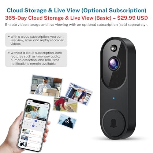 Guggre 1080P Wireless Video Doorbell Camera, Night Vision, Cloud Storage (Sold Separately), 2.4GHz Wi-Fi Only, Smart AI Human Detection, Real-Time Alert, 2-Way Audio, Battery Powered 7