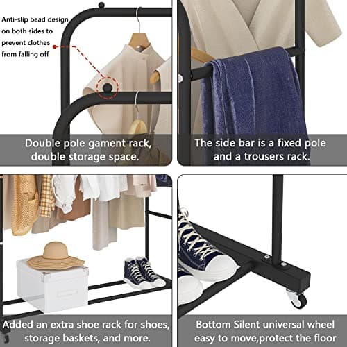 Laiensia Double Rods Clothing Rack with Wheels, Garment Rack for Hanging Clothes, Multi-functional Bedroom Clothes Rack, Black 6