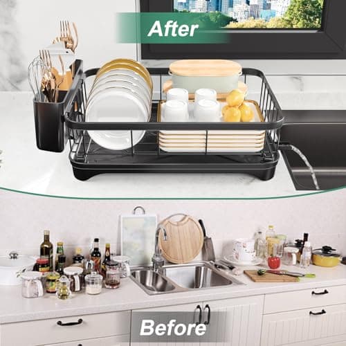 HOMEAILIE Dish Drying Rack for Kitchen Counter – Large Capacity Single Tier Dish Drainer with Utensil Holder & Cutlery Tray, Space Saving Countertop Organizer, Black 6