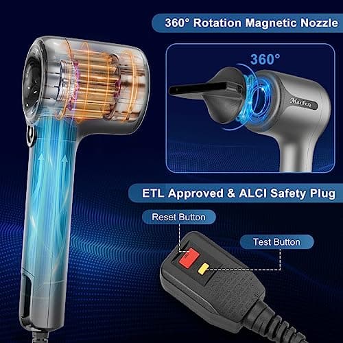 Maxfoxe Ionic Hair Dryer, Professional Blow Dryer with High-Speed Brushless Motor for Fast Drying, Quiet Hairdryer with 2 Magnetic Nozzles, 4 Temps & 3 Speeds Settings for Salon,Home, Gray 5