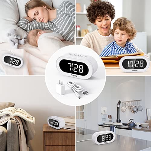 REACHER Small LED Digital Alarm Clock with Snooze, Simple to Operate, Full Range Brightness Dimmer, Adjustable Alarm Volume, Outlet Powered Compact Clock for Bedrooms, Bedside, Desk, Shelf(White) 7