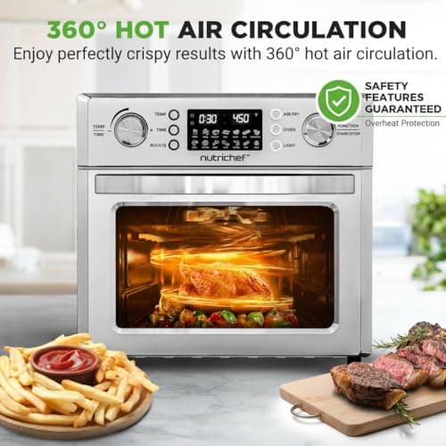 NutriChef 26QT Air Fryer Oven | Countertop Convection Toaster & Air Fryer | 360° Rotisserie Feature | 10 Digital Presets | Includes Drip Tray, Air Frying Basket & Bake Rack 15x16x14 | Stainless Steel 5