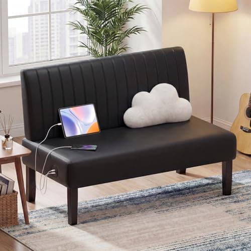 STHOUYN 43" W Mini Small Black Leather Couch Armless Loveseat Sofa for Bedroom with USB Port, Small Couches for SmallSpaces Living Room, Apartment Office Dorm (Black)