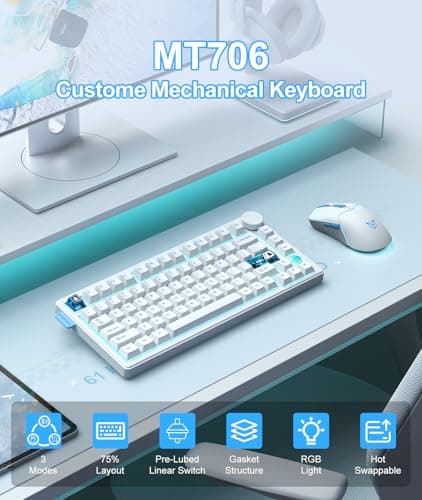 Wireless Gaming Keyboards Gasket Mechanical Keyboard | 75% Wireless Keyboard | Three-Mode Wireless (Bluetooth /2.4G/USB-C) | Hot-Swappable | Five-Layer Muffler Filling | Knob +RGB Backlit-White 8