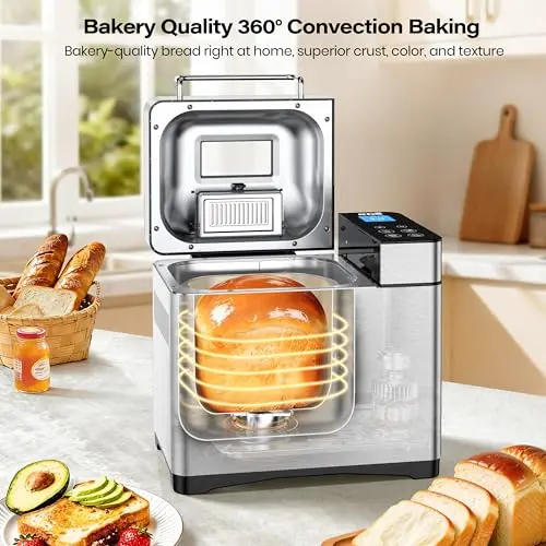 KBS Pro 710W 2LB Bread Maker, Stainless Steel 17-in-1 Smart Bread Machine with Healthy Ceramic Pan, Automatic Nut Dispenser, Tempered Glass Touch Panel, 3 Crust Colors, 15H Timer& Keep-Warm, Recipes 6